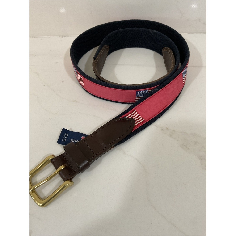 Vineyard Vines Mens American Flag Canvas Club Belt Navy Red Leather Size 40 USA